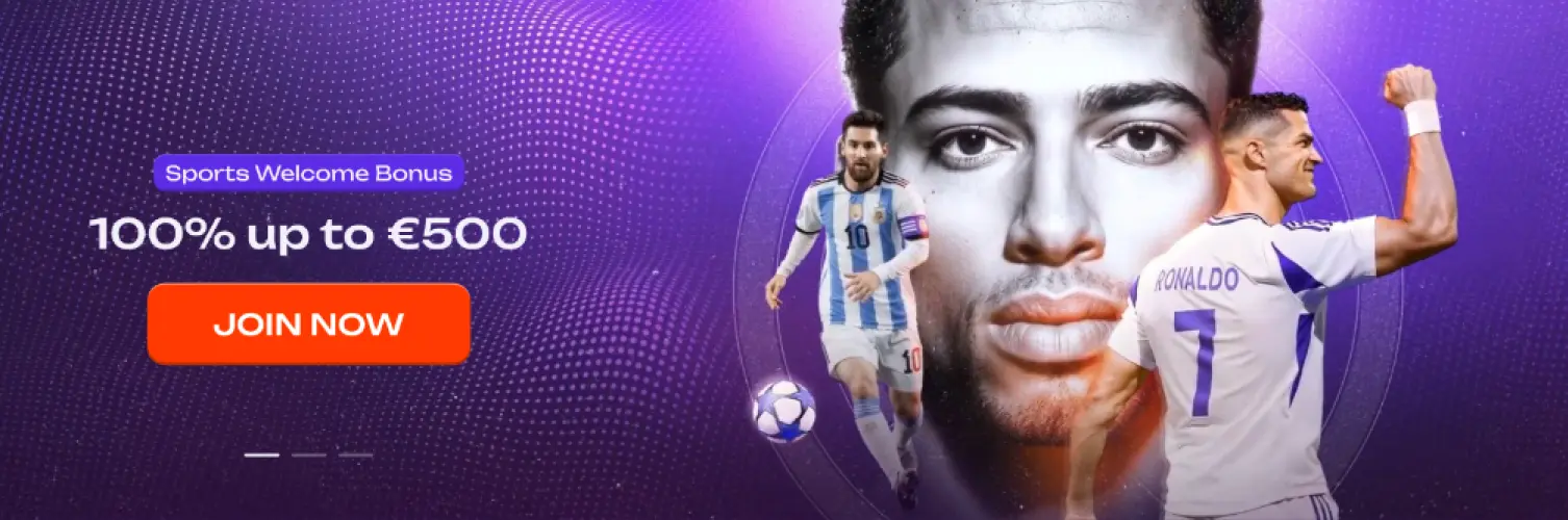 Banner «Sports Welcome Bonus» με προσφορά 100% έως €500 και κουμπί Join Now, σε μωβ φόντο με γραφικά ποδοσφαιριστών και μπάλα